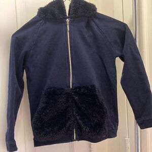 Mayoral Spain Girls Zip Up Navy Hoodie with Faux Fur Accents. Size 8.